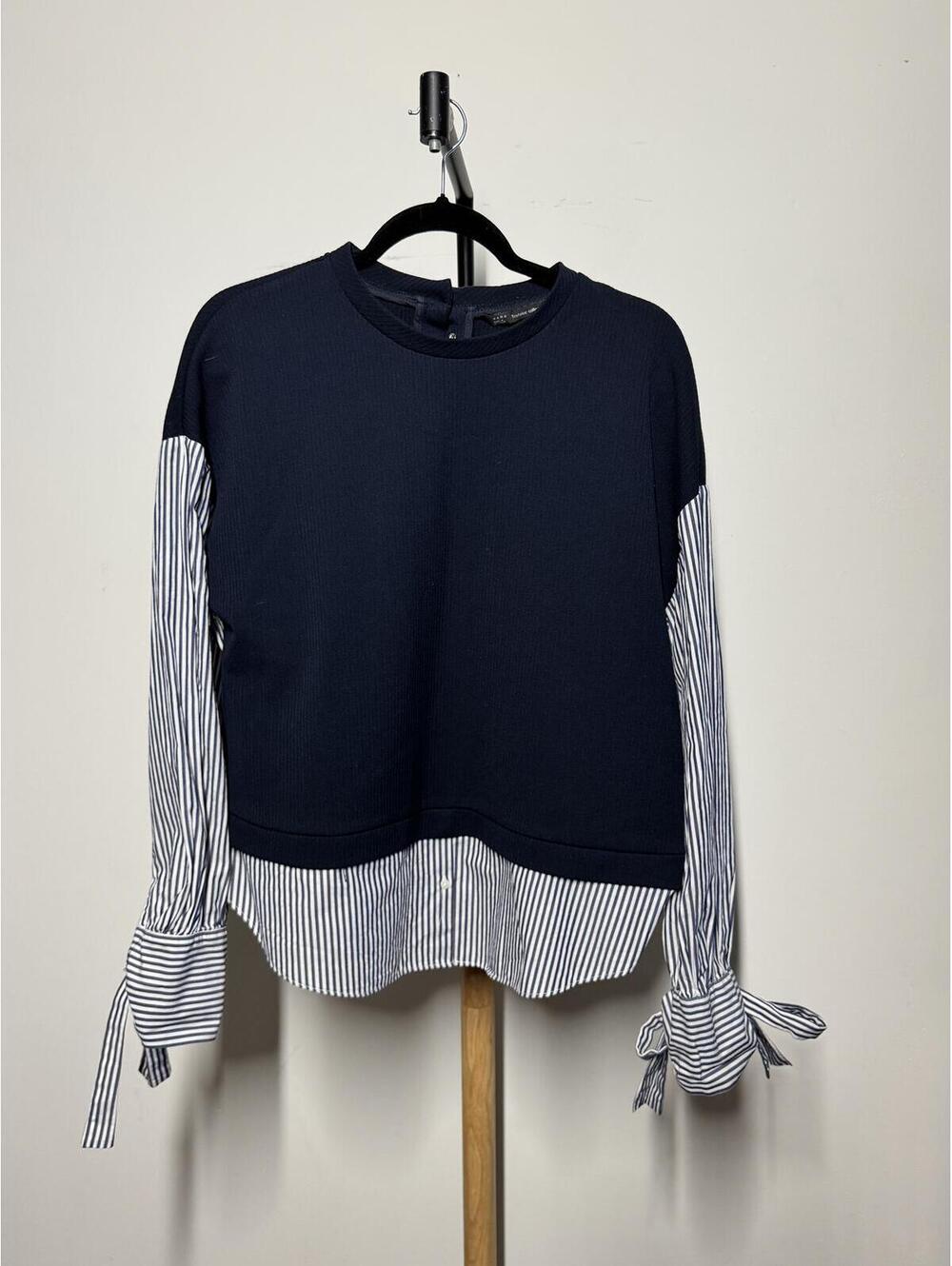 Navy Colorblock Long Sleeve Top with Striped Sleeves